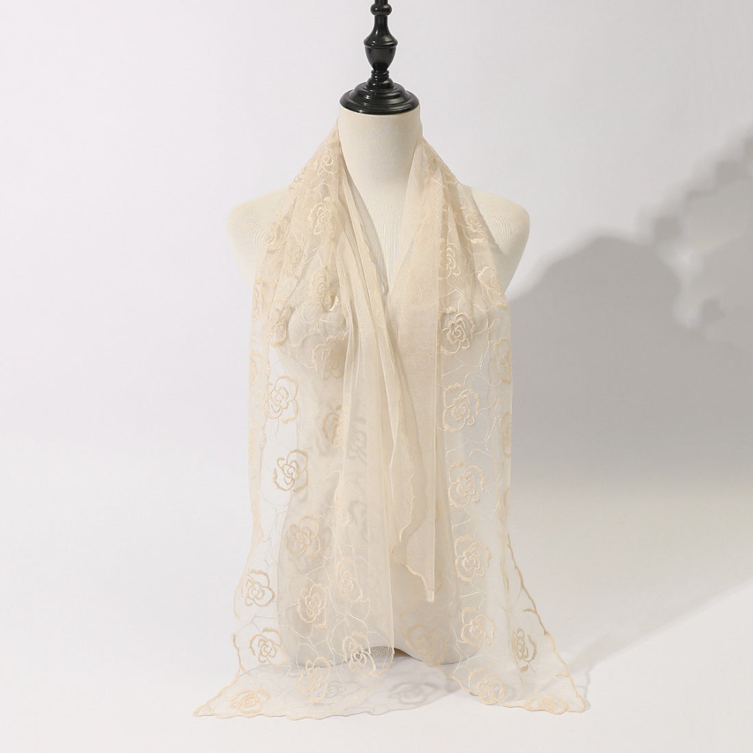 Scarvii floral sketch tulle shawl scarf spread out showing full design