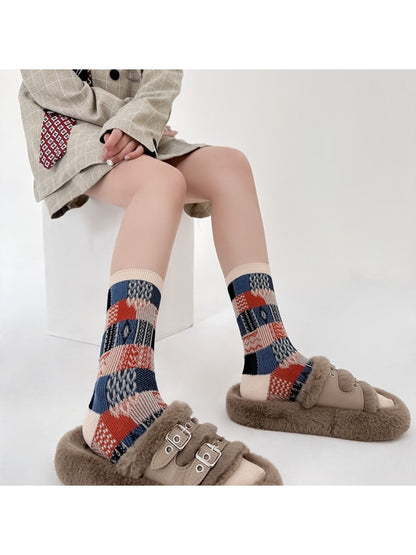 Rufia - Patchwork Plaid Pattern Casual Crew Socks