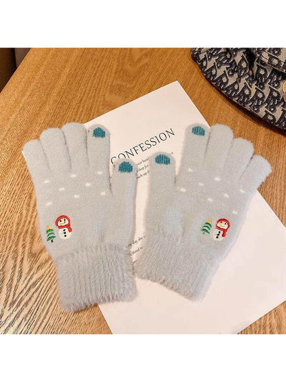 Gloving - Snowman Embroidered Plush Cuff Winter Gloves