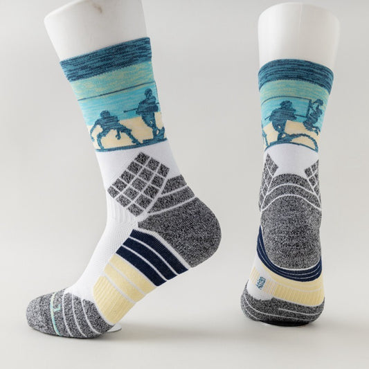 Close-up of Rufia sport crew sock showing color block design and ribbed cuff