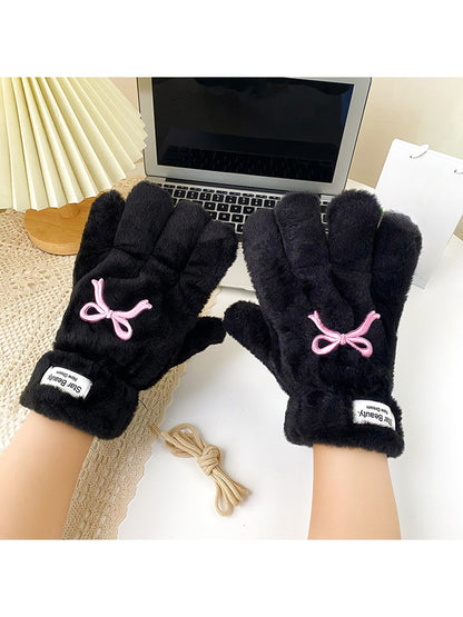 Gloving - Bow Embroidered Plush Winter Gloves