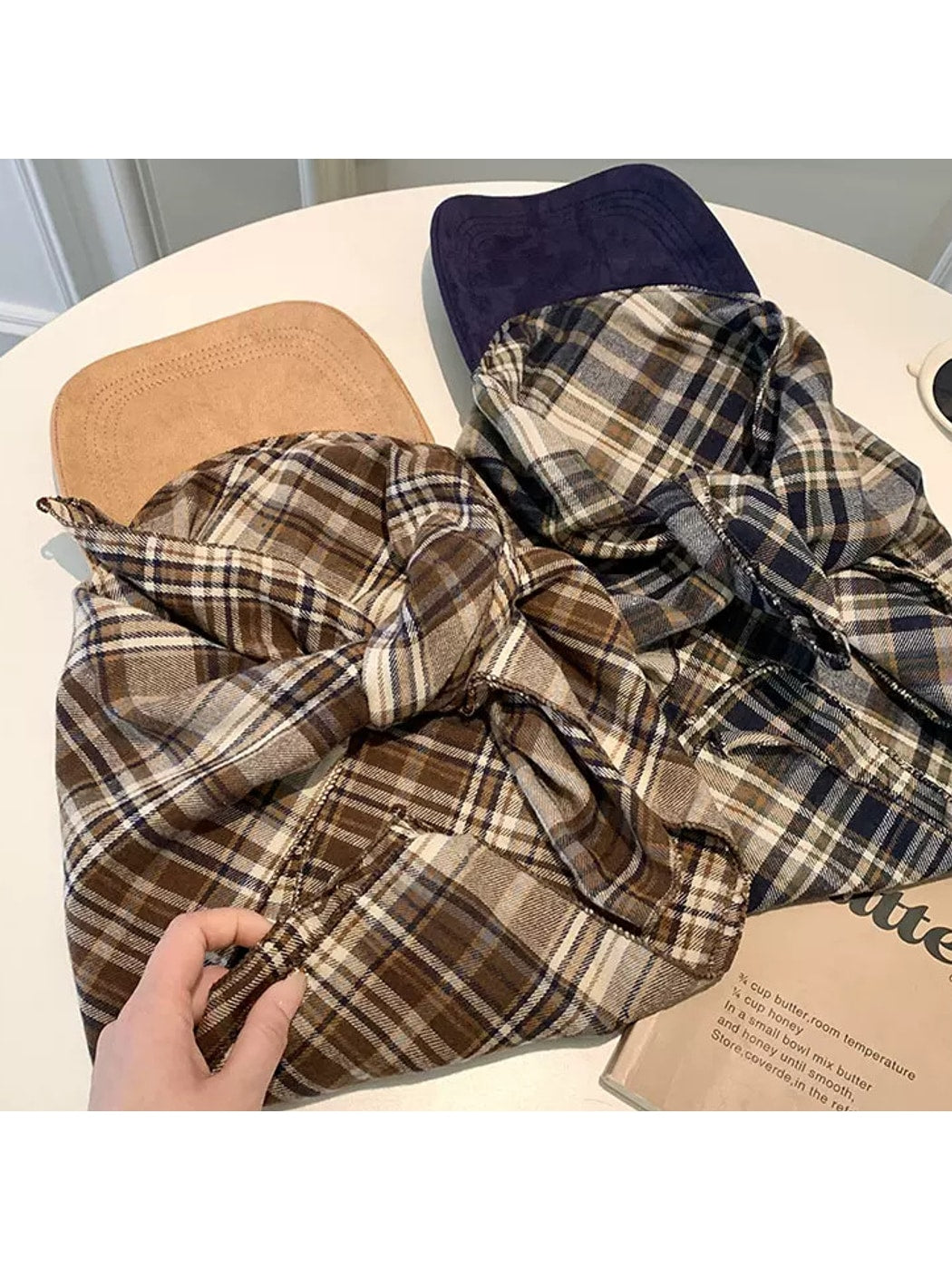Haila - Plaid Embroidered Tie Back Headscarf Cap