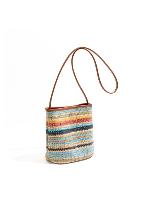 Cosbai - Playful Rainbow Striped Color-Block Bucket Bag