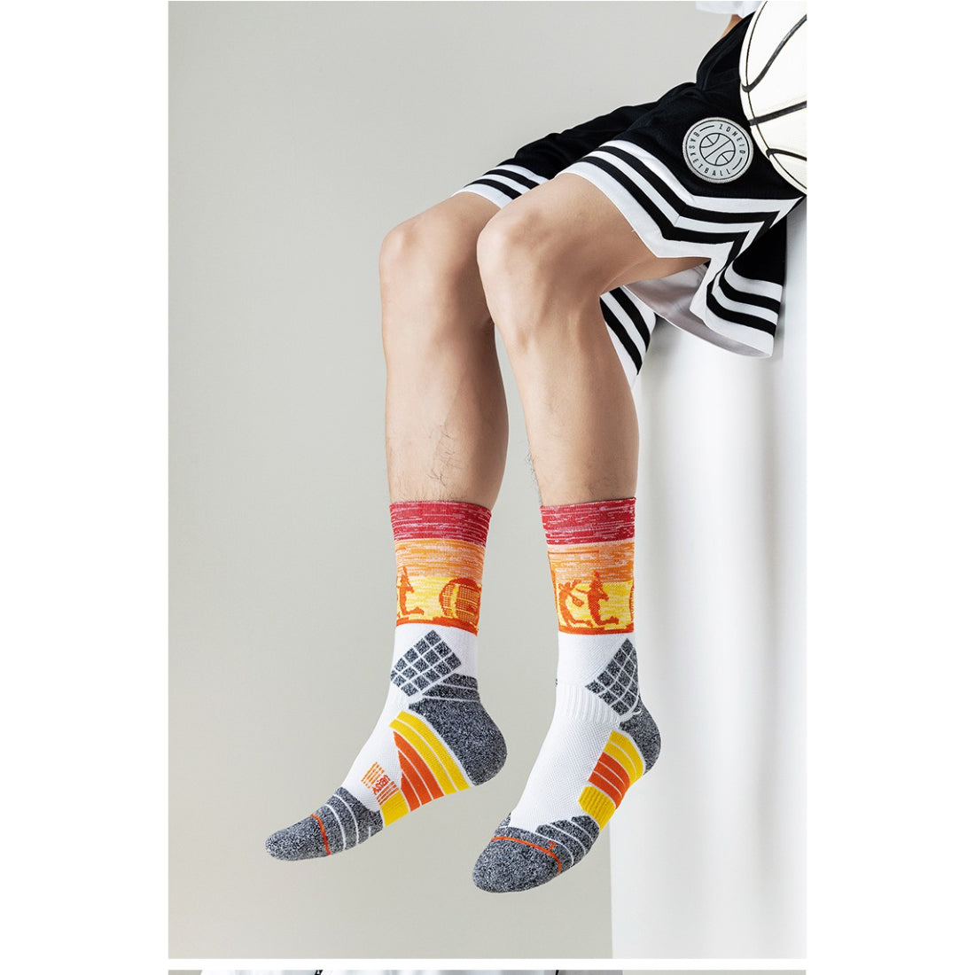 Rufia color block sport crew socks folded neatly with visible brand tag