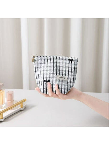 Cosbai - Checked Bow Embroidered Makeup Bag Pouch