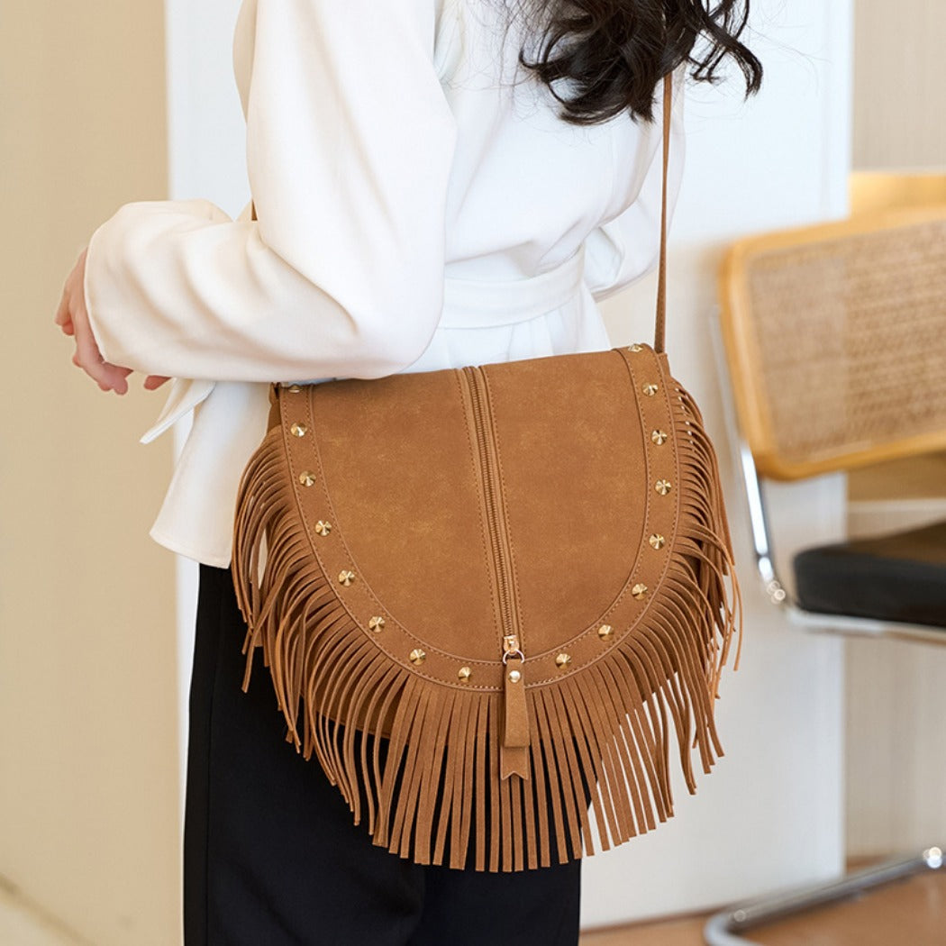 Cosbai - Vintage Brown Studded Fringe Saddle Bag