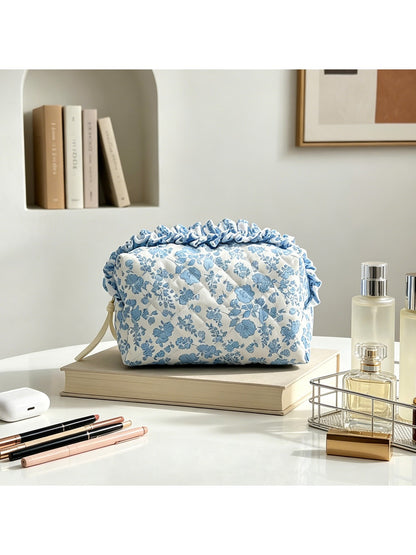 Cosbai - Ruffle Trim Quilted Cosmetic Organizer Bag