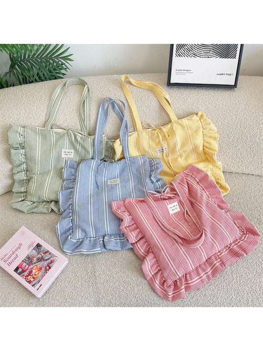 Cosbai pastel plaid shoulder tote bag with soft pink and blue check pattern
