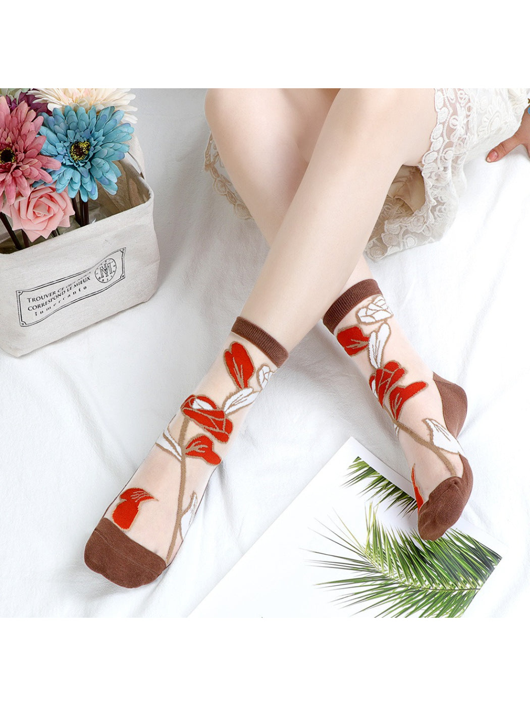 Rufia - Sheer Bloom Embroidered Crew Socks