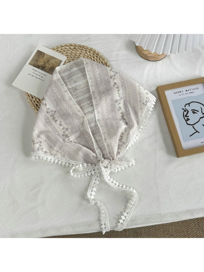 Scarvii - Elegant Floral Print Lace Edge Bandana Scarf