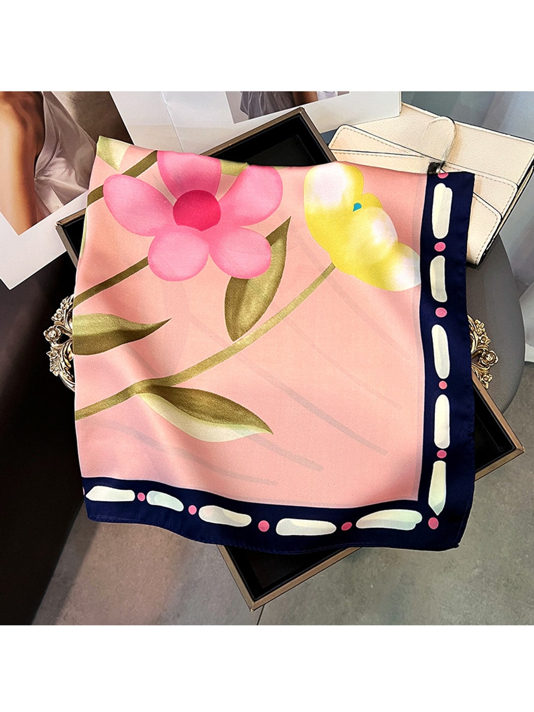 Scarvii - Minimal Floral Print Decorative Square Scarf