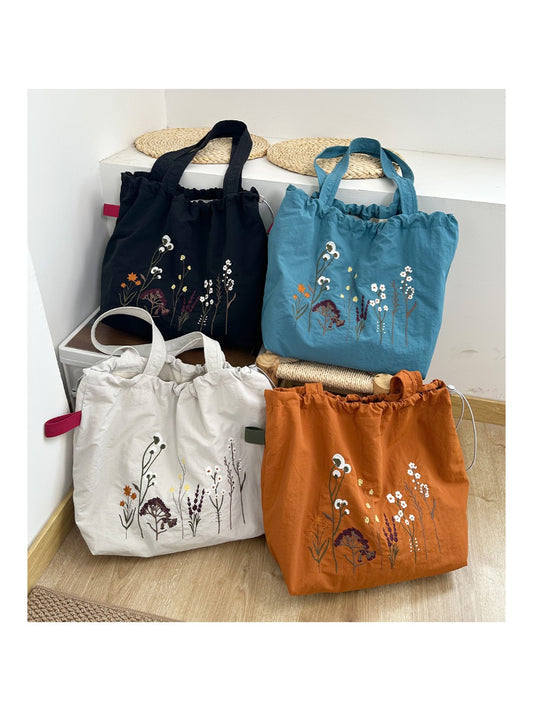 Cosbai - Floral Embroidery Drawstring Tote Bag
