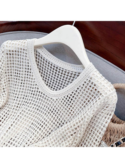 Crosa - Loose Fit Openwork Long Sleeve Pullover Top