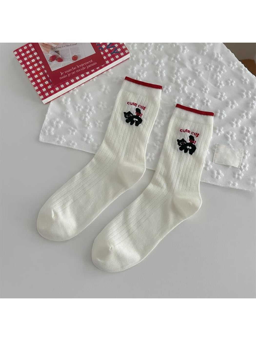 Rufia - Playful Cat Embroidered Ribbed Crew Socks