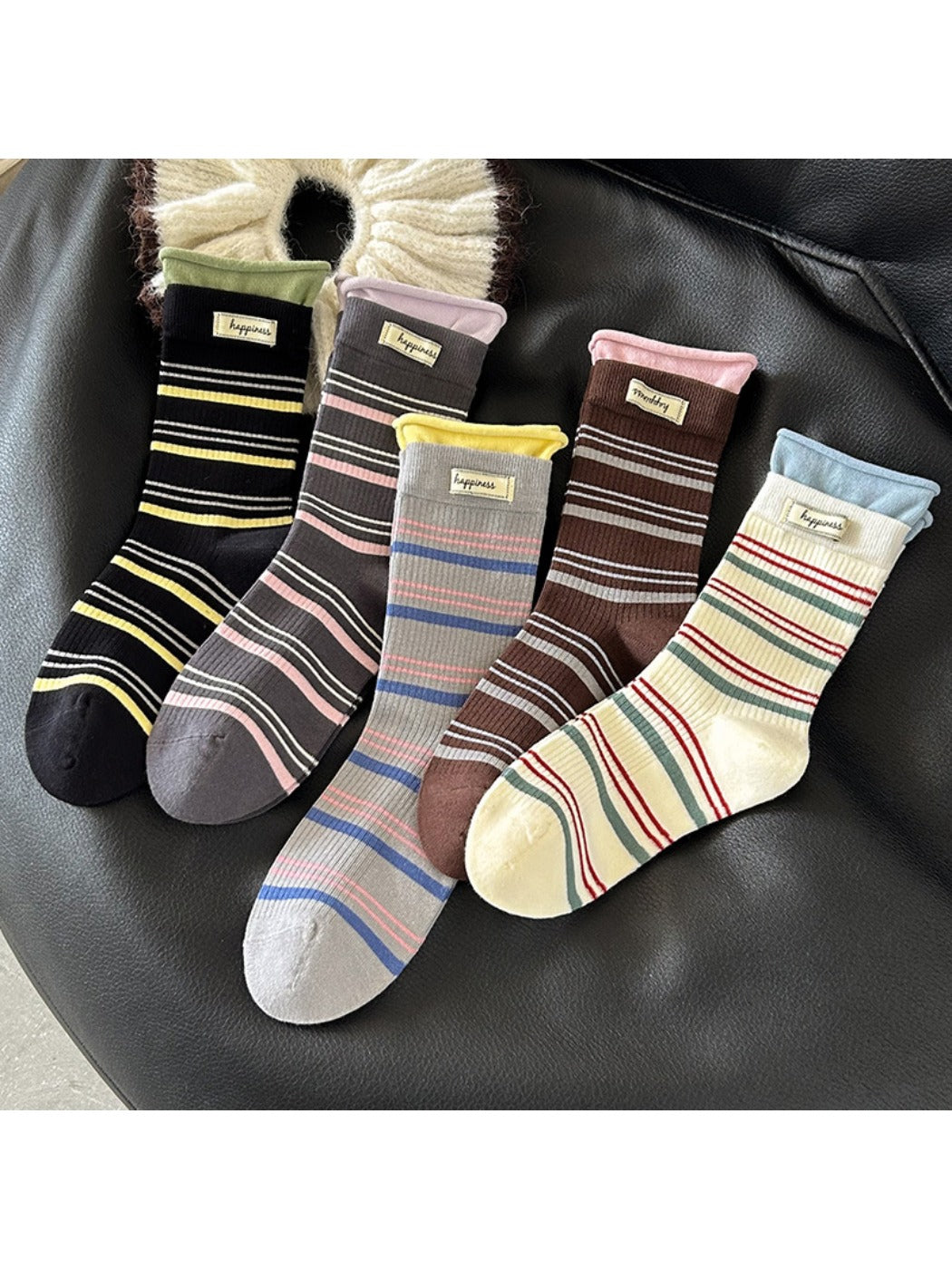 Rufia - Letter Label Striped Casual Mid-Calf Socks