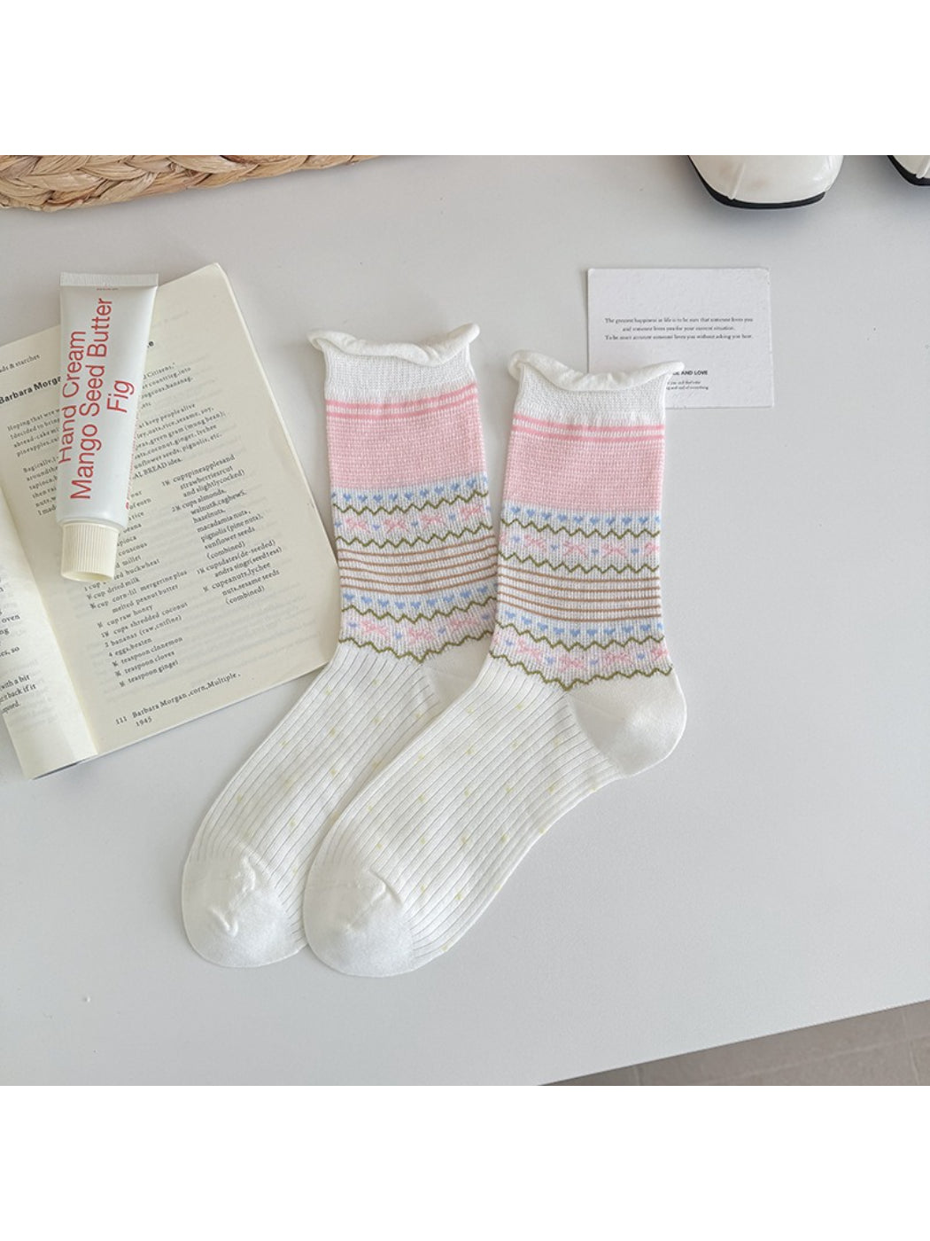 Model wearing Rufia Sweet Knit Detail Crew Socks with casual shoes
