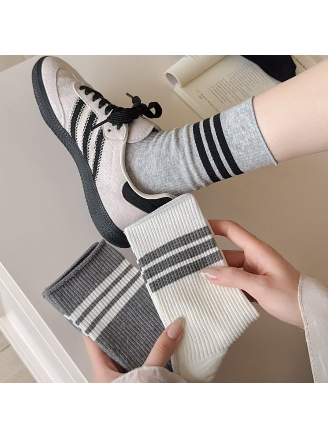 Rufia - Black White Stripe Ribbed Crew Socks product image 2