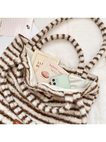 Cosbai - Soft Striped Fuzzy Shoulder Tote Bag