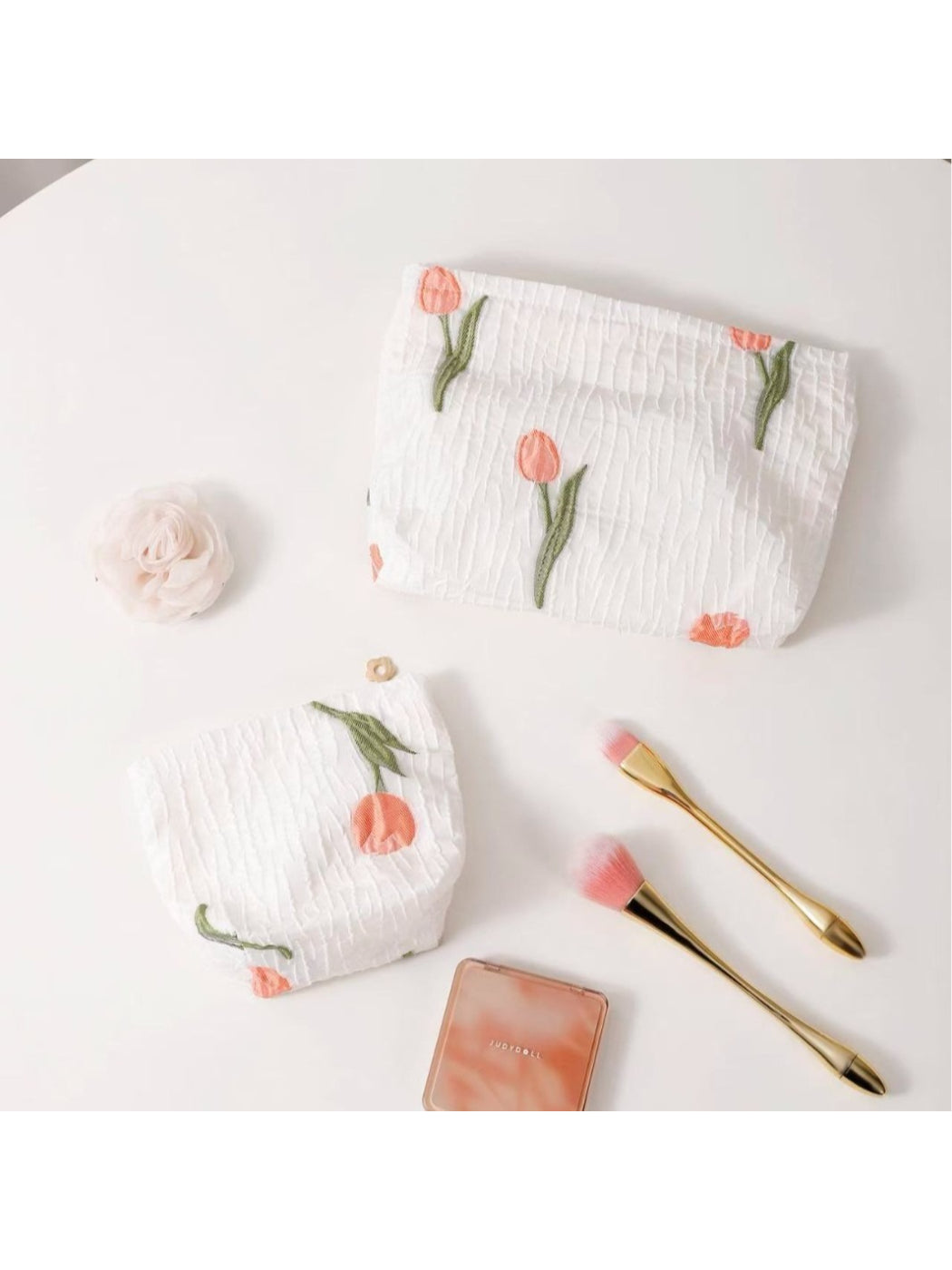 Cosbai - Tulip Embroidered Textured Cosmetic Bag