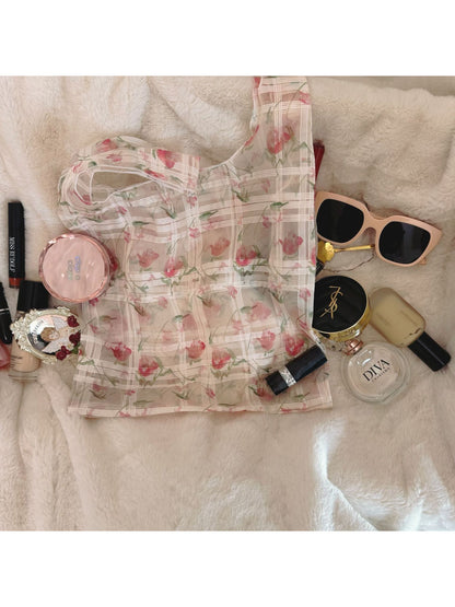 Cosbai - Sheer Floral Print Lightweight Tote Bag