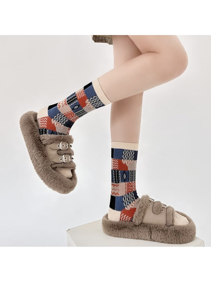 Rufia - Patchwork Plaid Pattern Casual Crew Socks