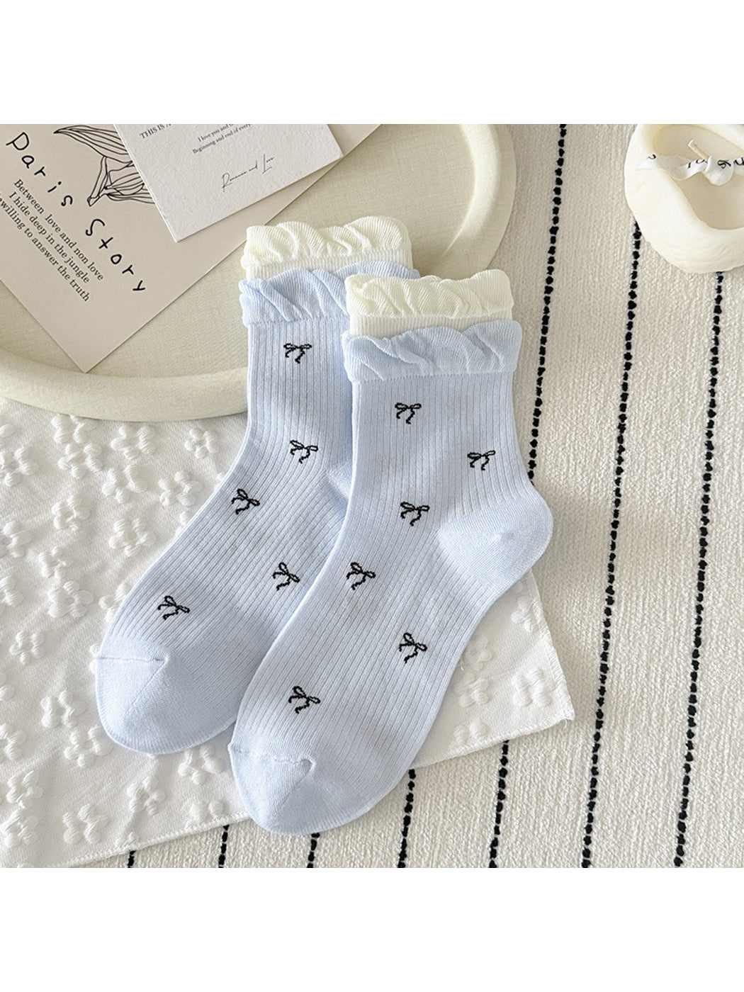 Rufia - Cute Double Cuff Contrast Detail Crew Socks