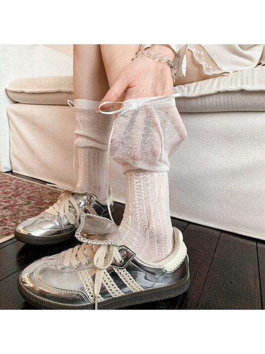 Rufia - Ribbon Bow Detail Solid Color Openwork Crew Socks