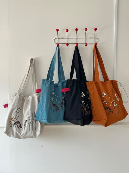 Cosbai - Floral Embroidery Drawstring Tote Bag