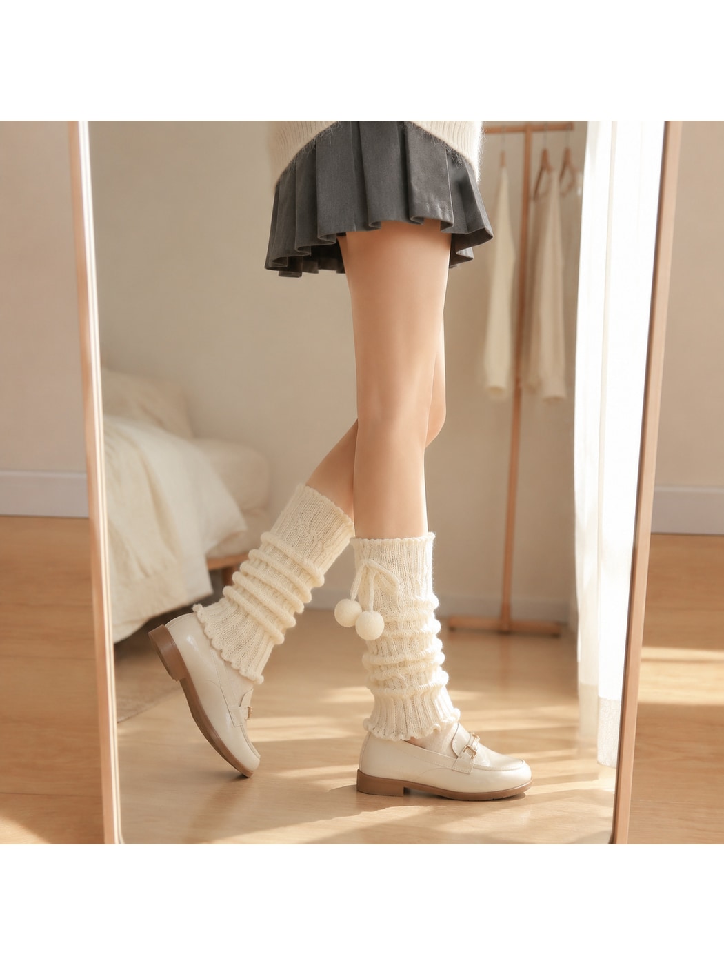 Cozyra - Pom-Pom Cable-Knit Ruffled Leg Warmers