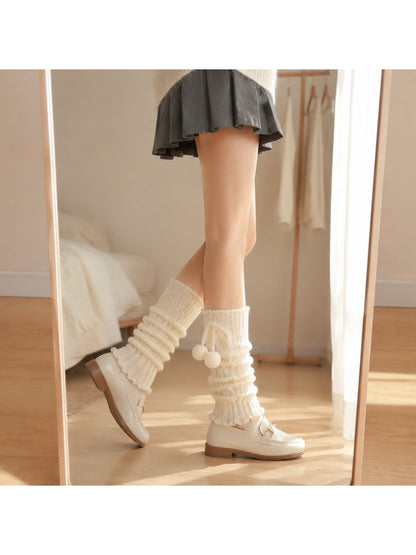 Cozyra - Pom-Pom Cable-Knit Ruffled Leg Warmers
