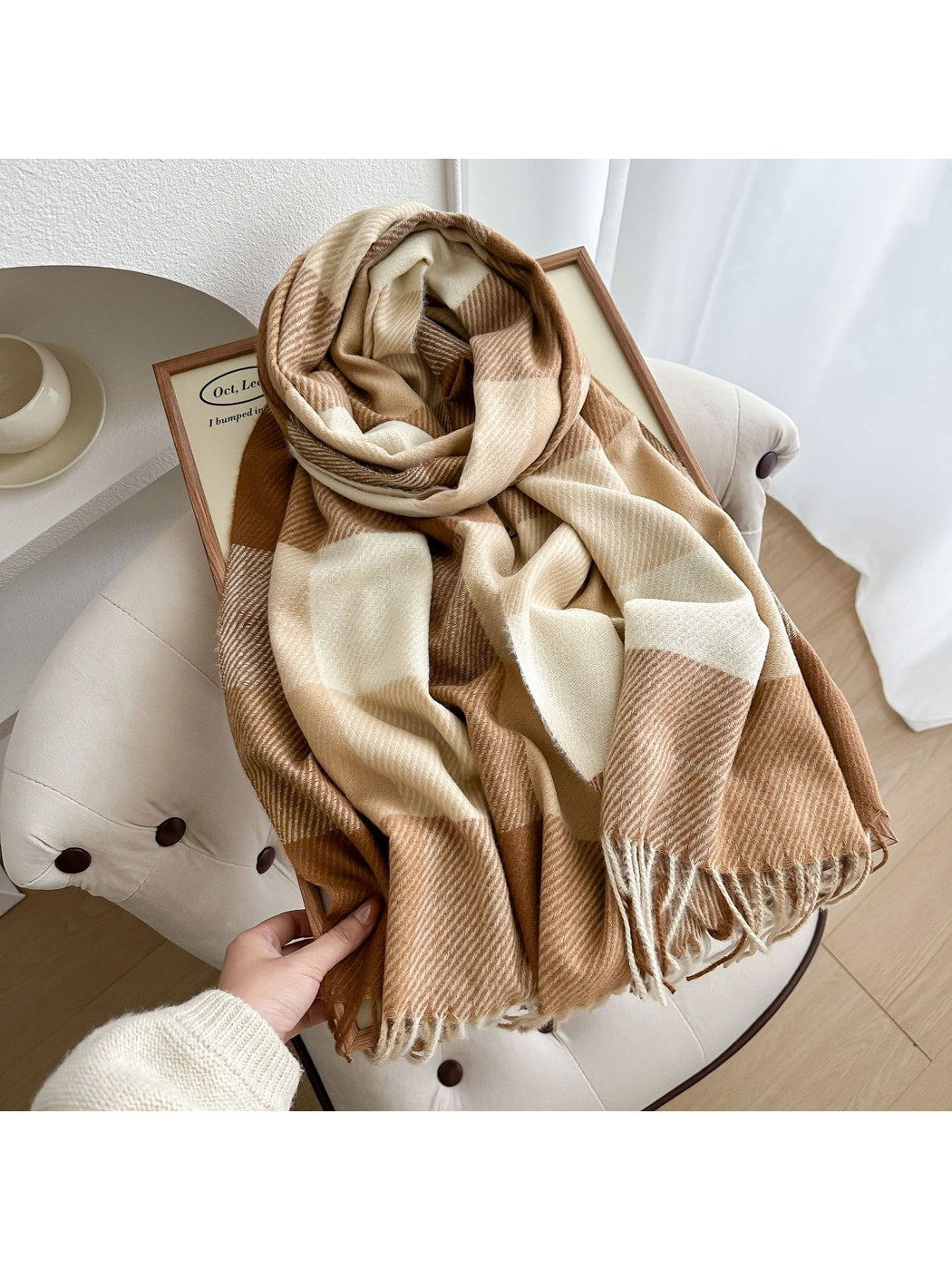Scarvii - Colorblock Plaid Fringed Winter Scarf