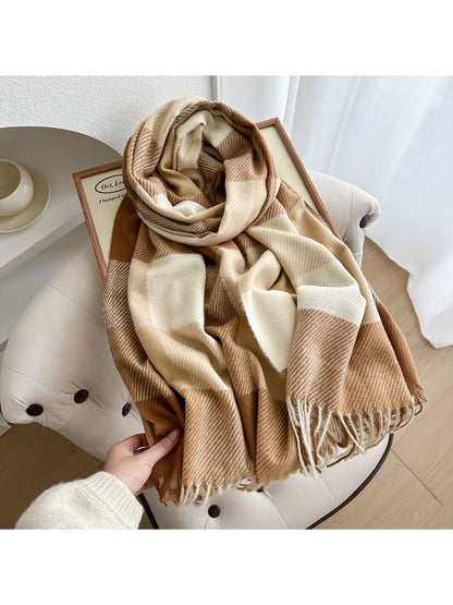 Scarvii - Colorblock Plaid Fringed Winter Scarf