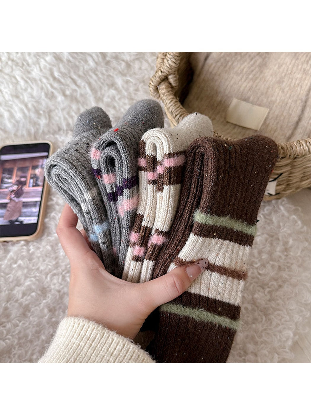 Rufia - Striped Ribbed Casual Everyday Crew Socks