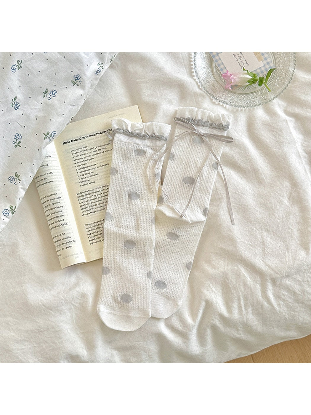 Rufia - Ruffle Cuff Bow Accent Patterned Crew Socks