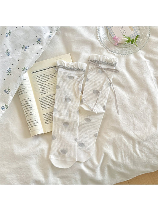 Rufia - Ruffle Cuff Bow Accent Patterned Crew Socks
