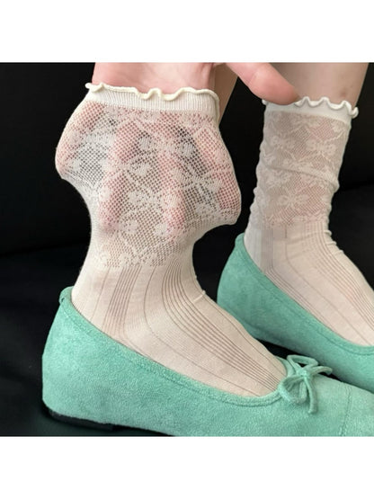 Rufia - Ruffle Trim Openwork Crew Socks