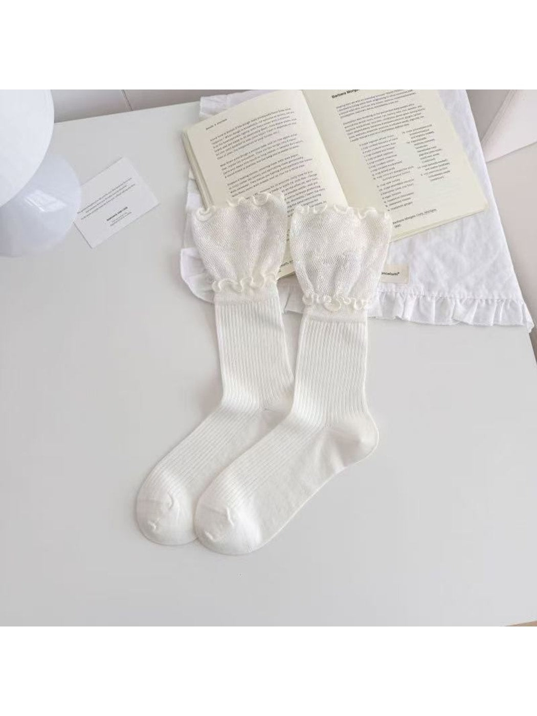 Rufia - Elegant Ruffle Trim Solid Color Crew Socks
