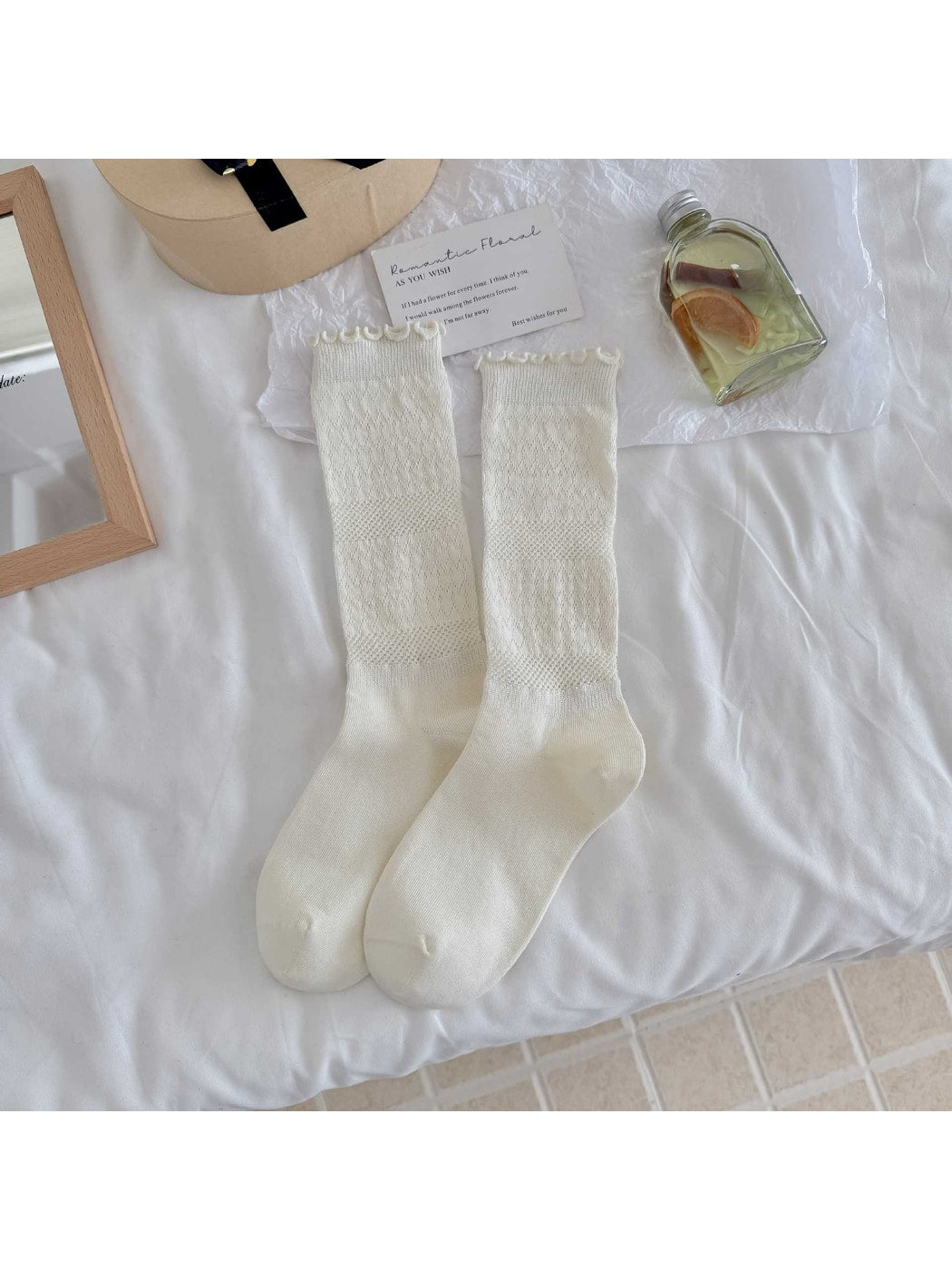 Rufia - Solid Color Ruffle Cuff Openwork Crew Socks