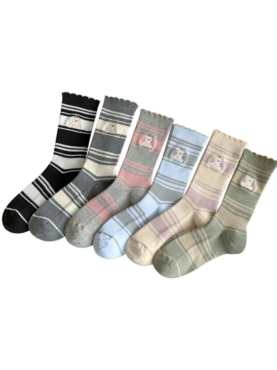 Pair of Rufia Soft Stripe Bear Crew Socks in beige with brown bear and stripes
