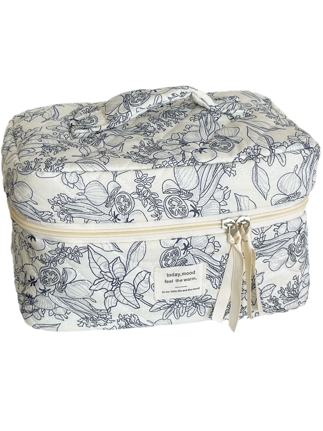 Side view of Cosbai botanical print travel cosmetic bag highlighting shape and texture