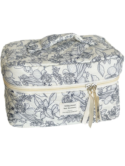 Side view of Cosbai botanical print travel cosmetic bag highlighting shape and texture