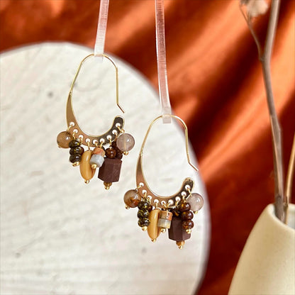Earwish - Boho Brown Beaded C-Hoop Earrings - Vintage & Chic