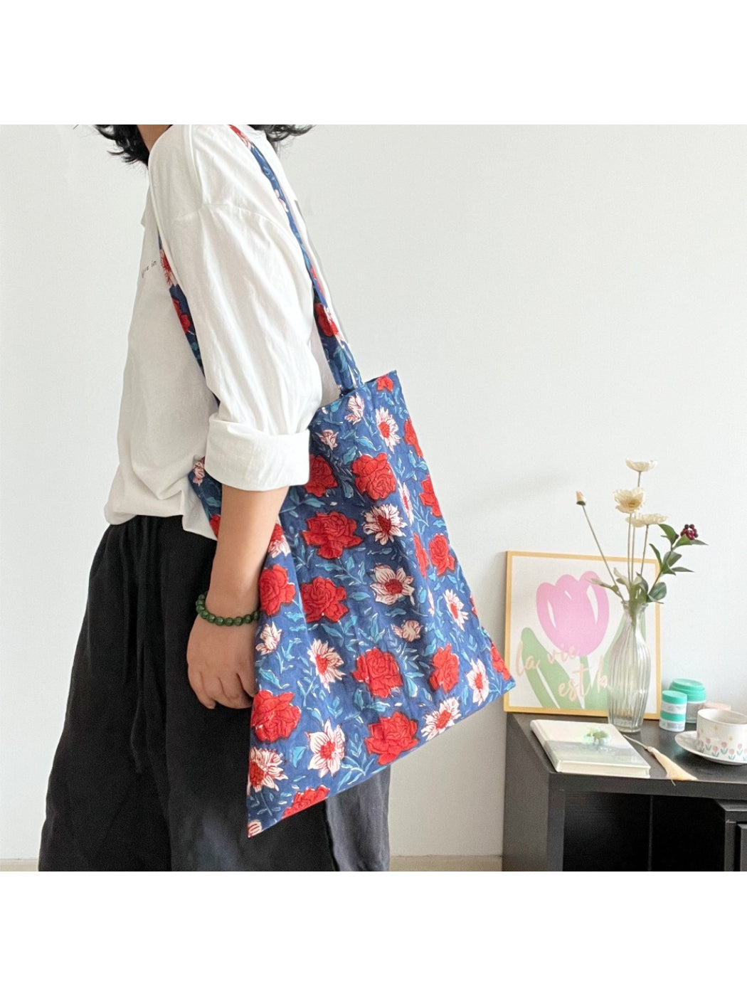Close-up of blue floral pattern on Cosbai shoulder tote bag fabric