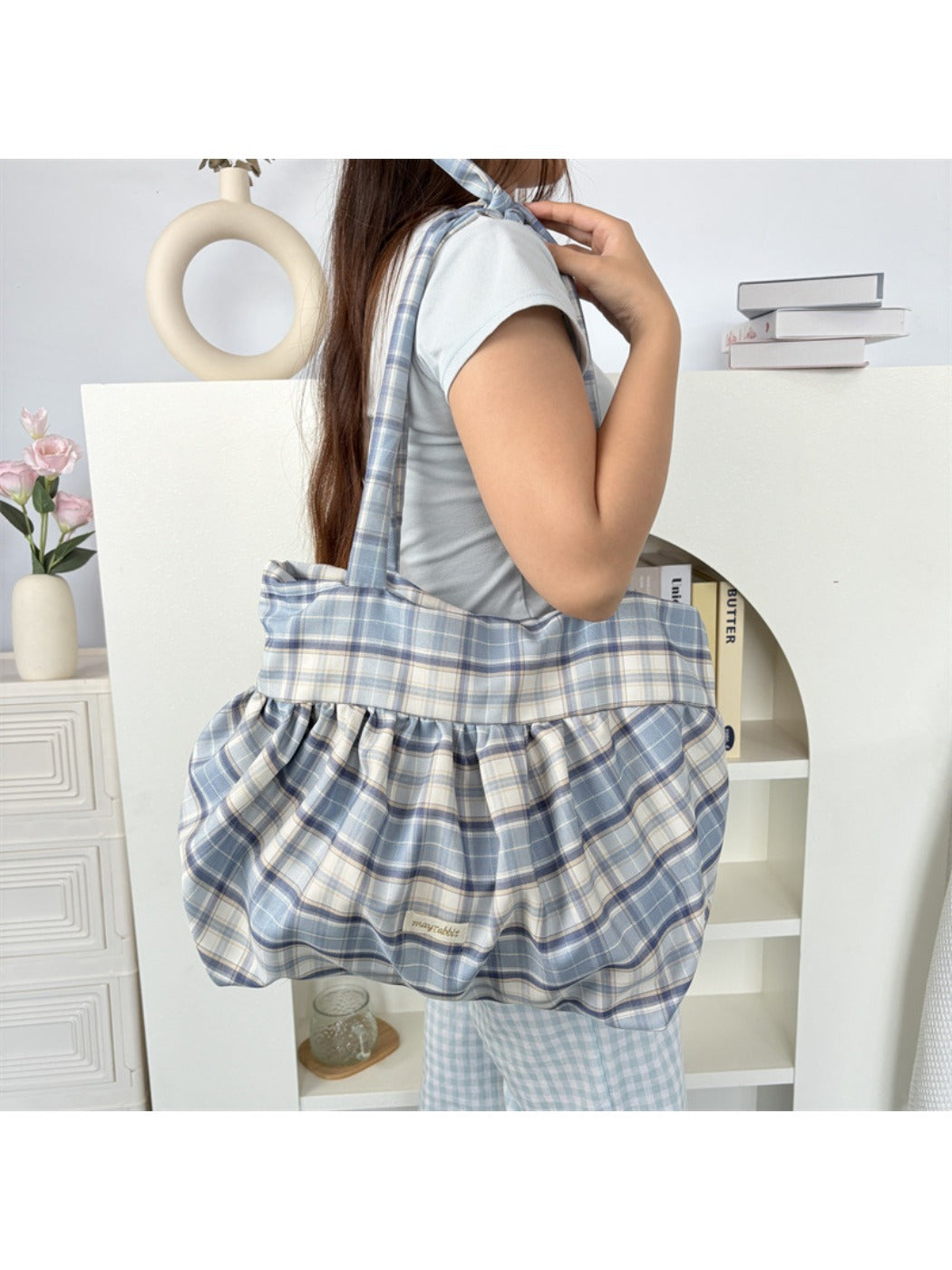 Cosbai Retro Plaid Shoulder Bag with strap extended on plain background