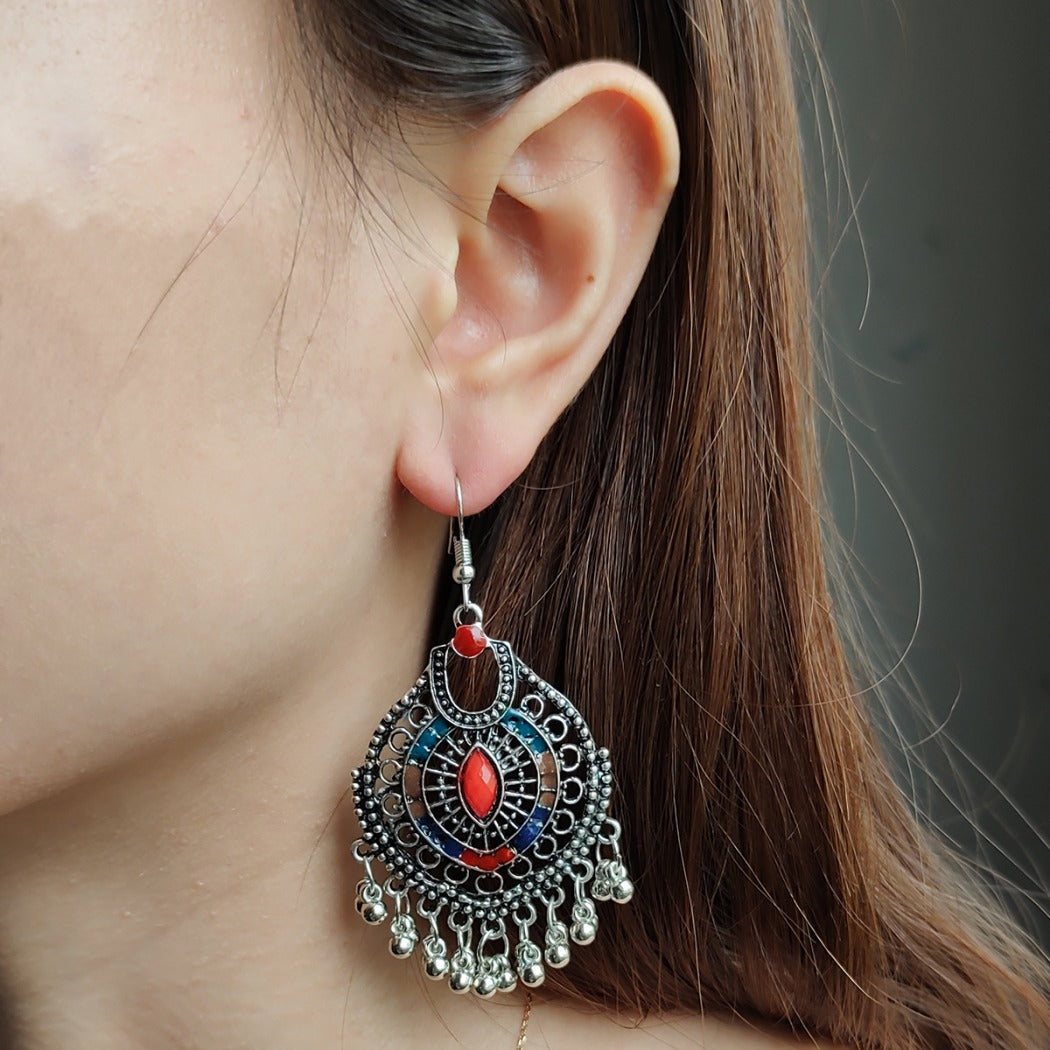 Earwish - Boho Chic Metal Fringe Earrings with Red Beads