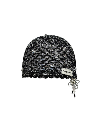 Haila - Solid Color Foldable Hollow Out Knit Beanie