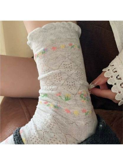 Side view of Rufia floral pointelle crew socks highlighting ribbed cuff and floral pattern