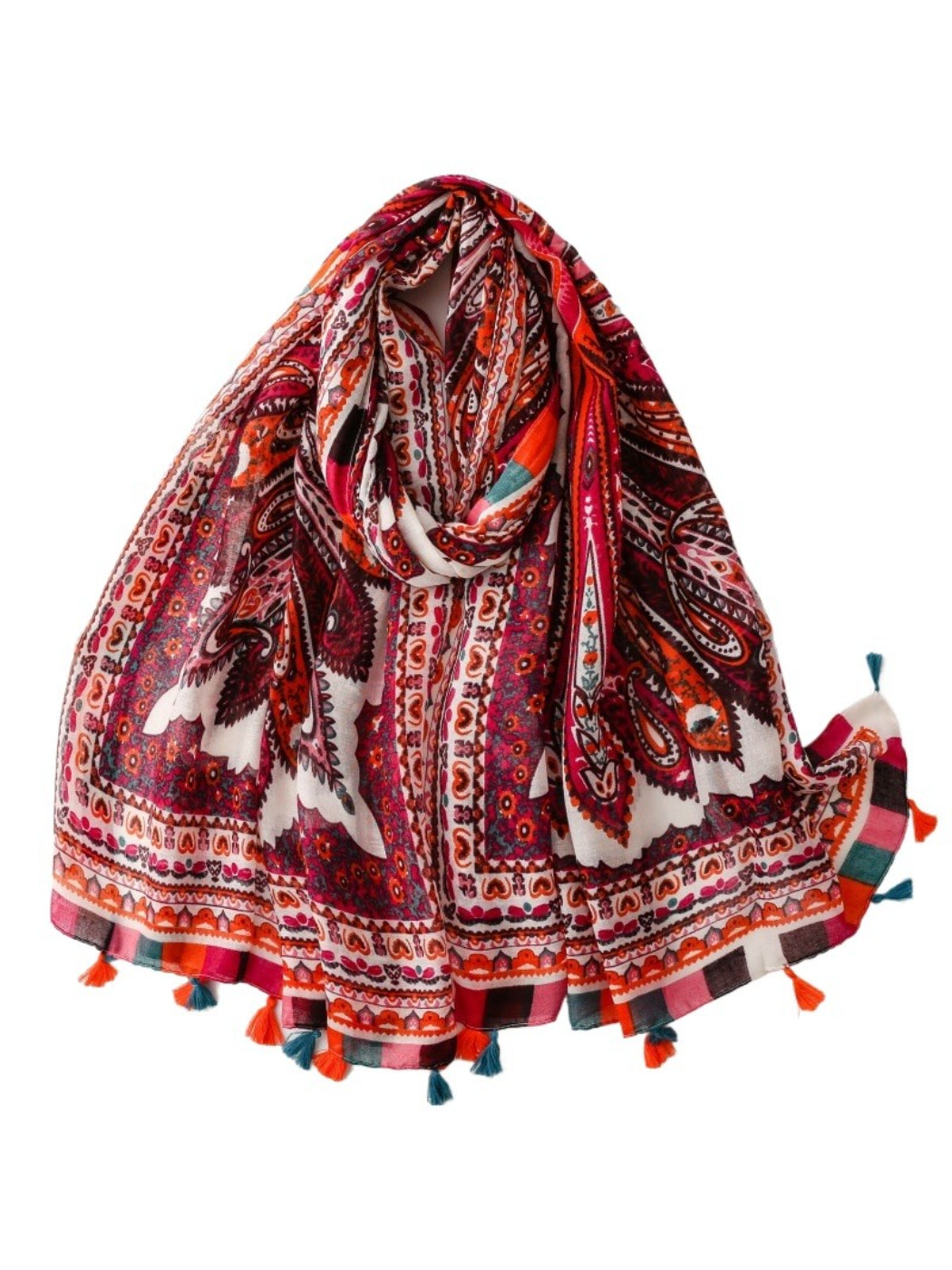 Boho paisley scarf with tassels in warm earthy tones displayed flat