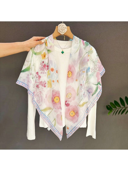 Scarvii - Soft Watercolor Floral Printed Square Scarf