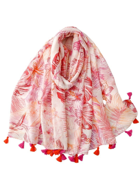 Scarvii Tropical Floral Tassel Scarf folded showing vibrant tropical flower print